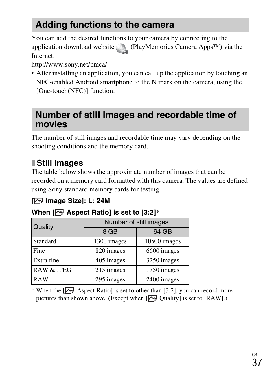 Adding functions to the camera, P. 37, Xstill images | Sony Alpha 6300 User Manual | Page 37 / 48