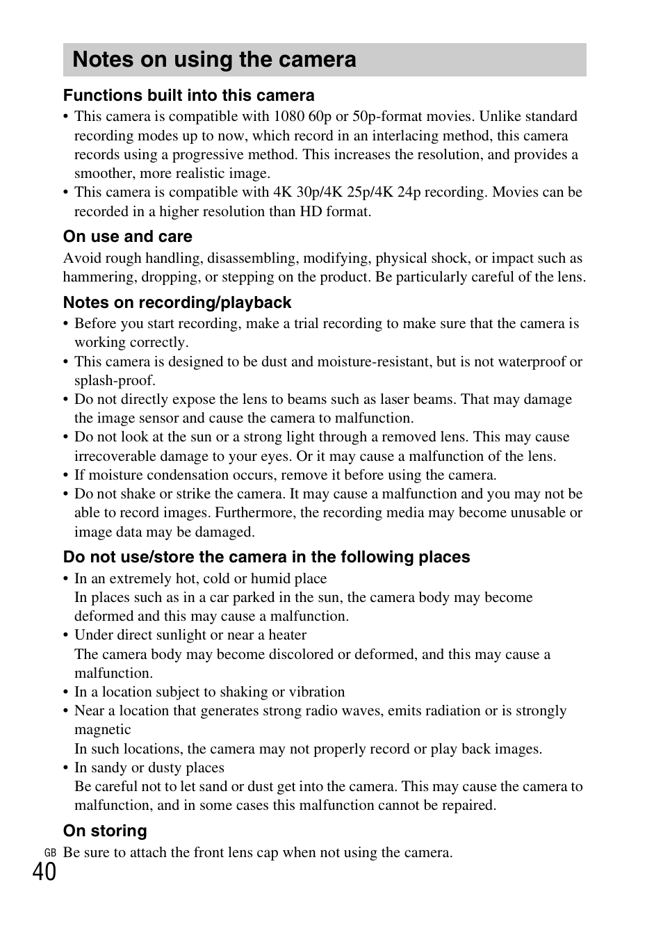 Notes on using the camera | Sony Alpha 6300 User Manual | Page 40 / 48