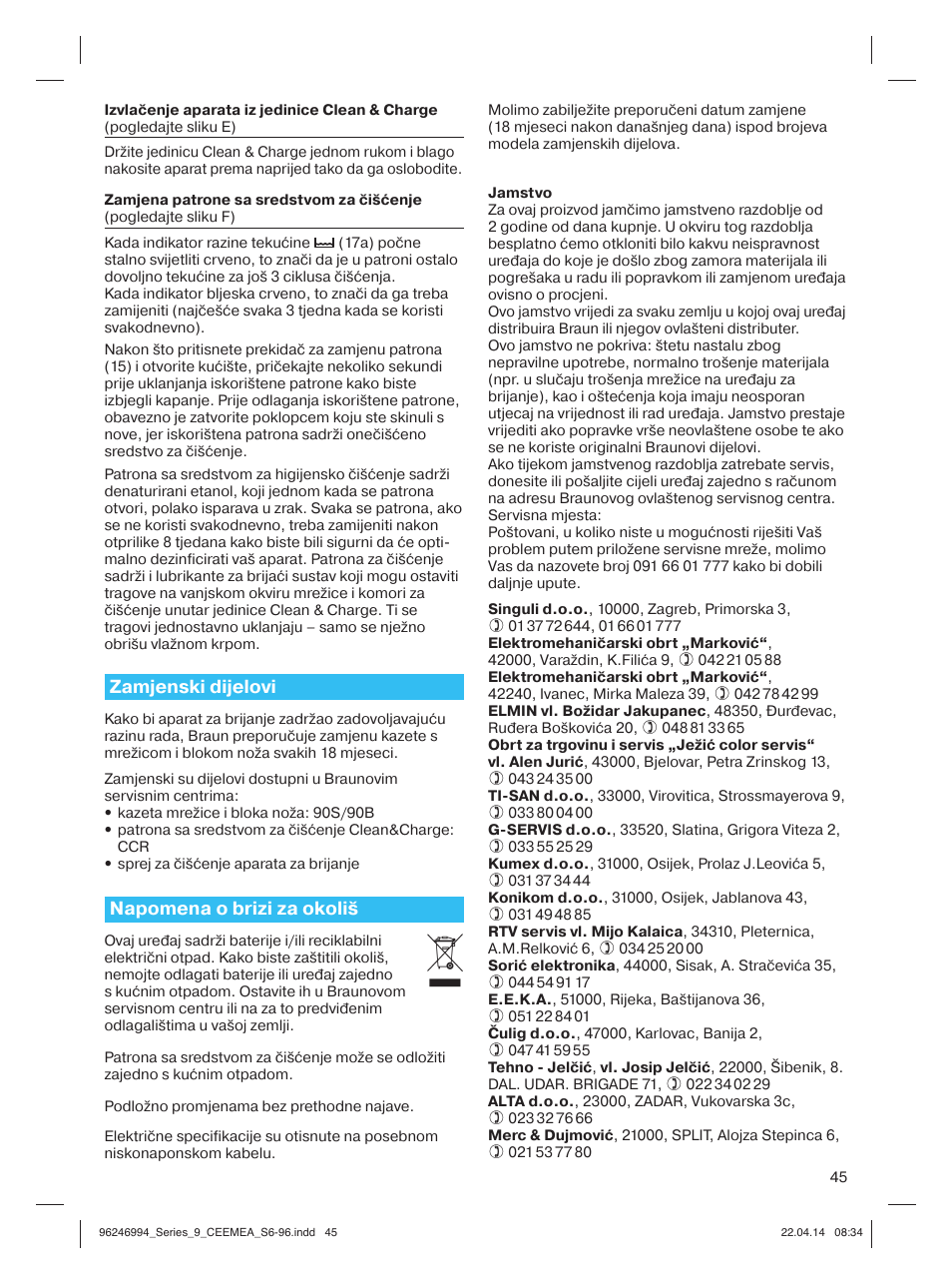 Zamjenski dijelovi, Napomena o brizi za okoliš | Braun Series 9 User Manual | Page 45 / 92