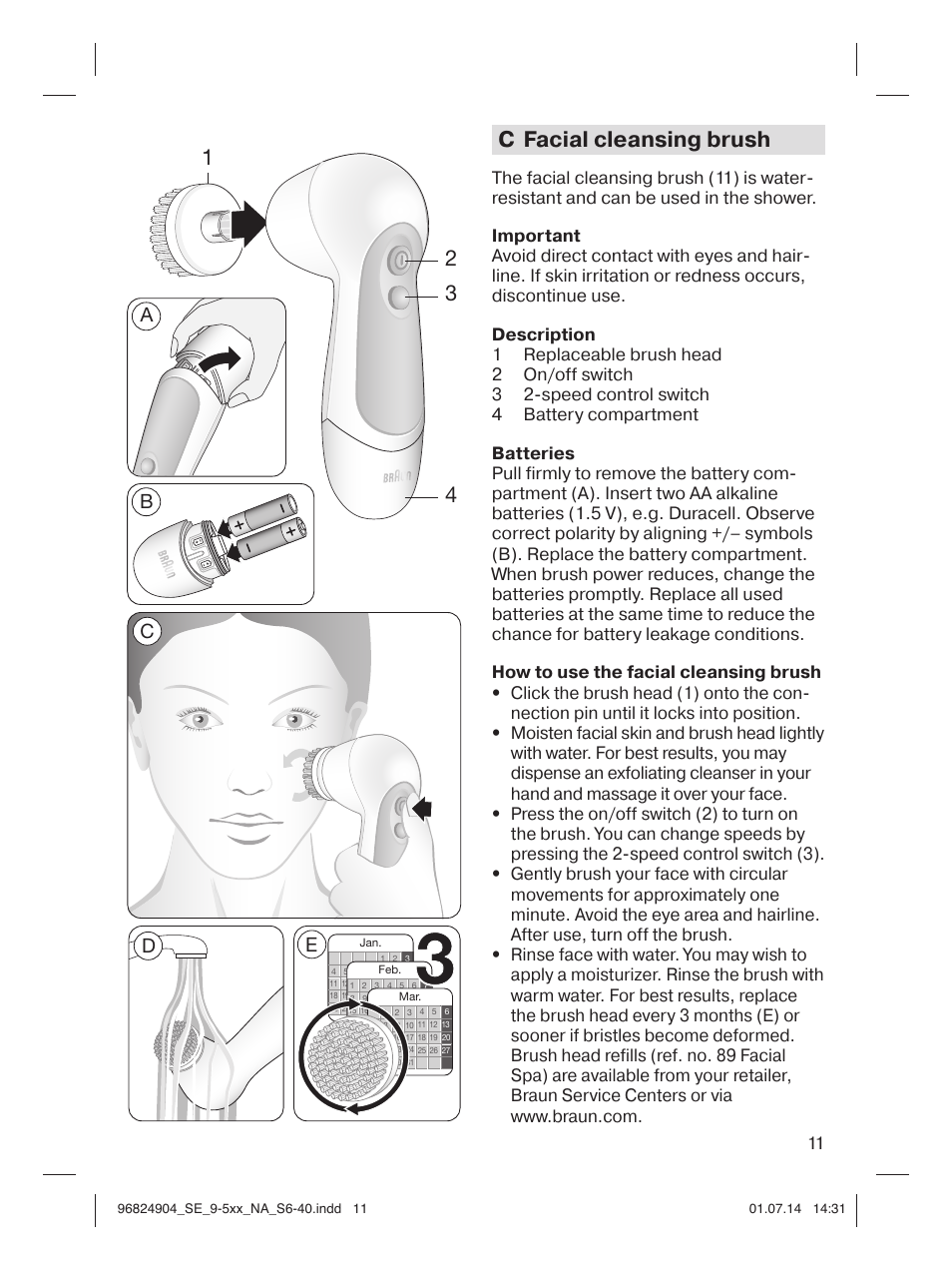 C facial cleansing brush, Ab c d e | Braun Silk-épil 9 SkinSpa  5377 User Manual | Page 11 / 38