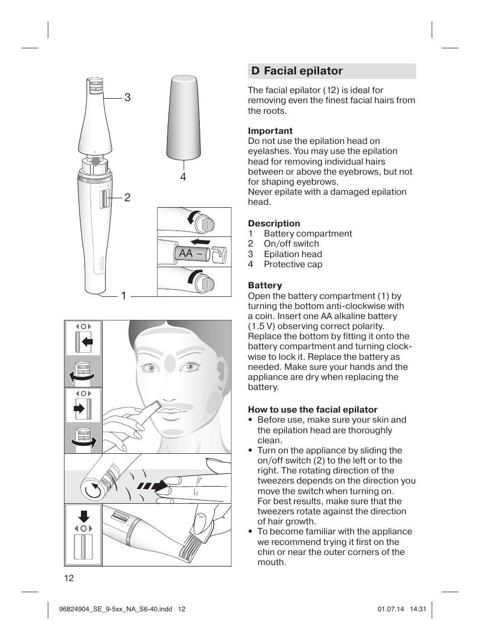 D facial epilator | Braun Silk-épil 9 SkinSpa  5377 User Manual | Page 12 / 38