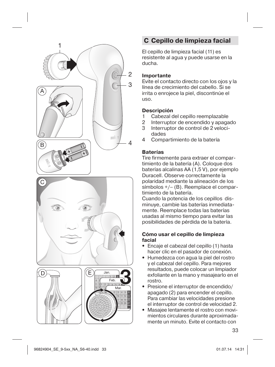 C cepillo de limpieza facial, Ab c d e | Braun Silk-épil 9 SkinSpa  5377 User Manual | Page 33 / 38