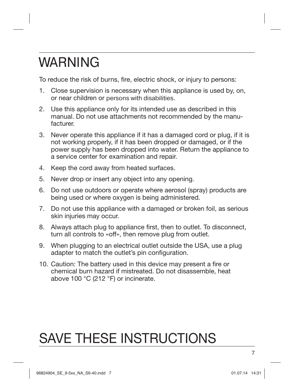 Warning, Save these instructions | Braun Silk-épil 9 SkinSpa  5377 User Manual | Page 7 / 38
