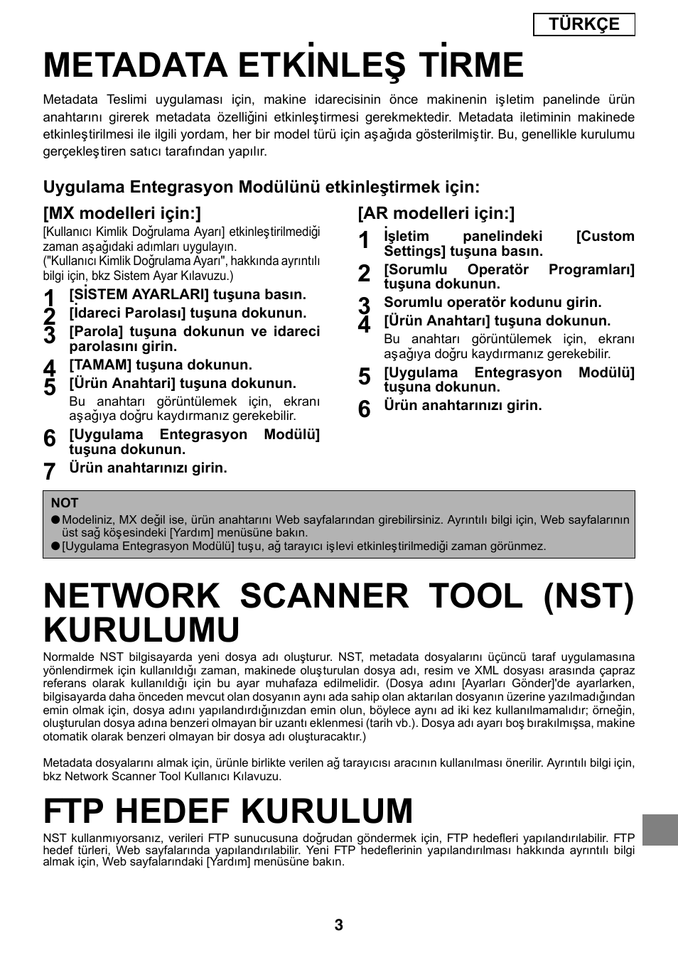 Metadata etkýnleþtýrme, Network scanner tool (nst) kurulumu, Ftp hedef kurulum | Sharp MX-M1055 User Manual | Page 101 / 112