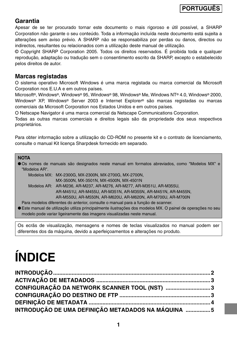 Índice, Português garantia, Marcas registadas | Sharp MX-M1055 User Manual | Page 105 / 112
