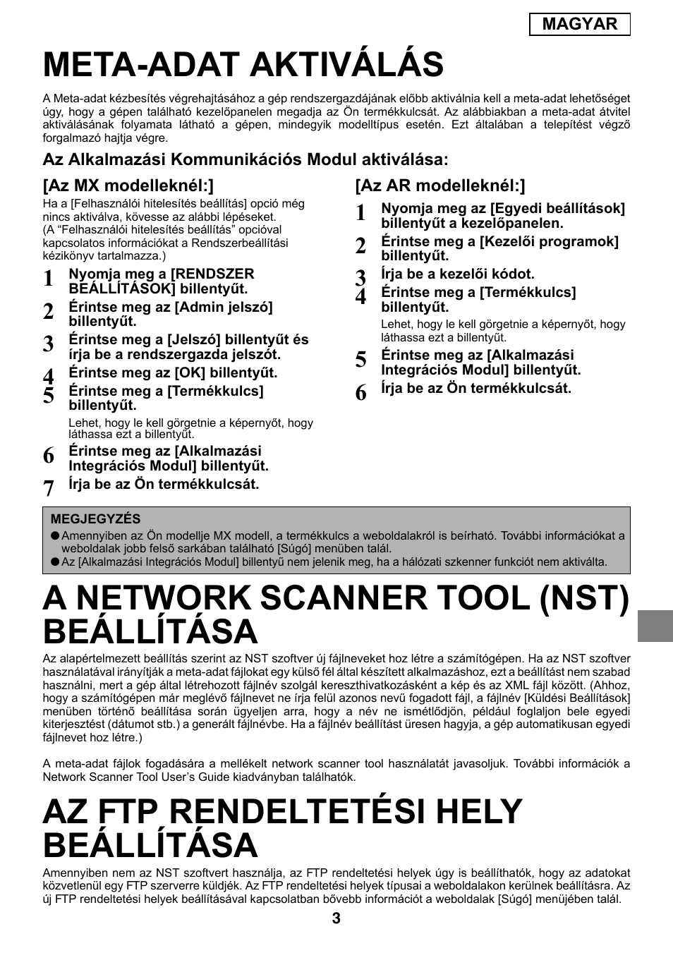 Meta-adat aktiválás, A network scanner tool (nst) beállítása, Az ftp rendeltetési hely beállítása | Sharp MX-M1055 User Manual | Page 77 / 112