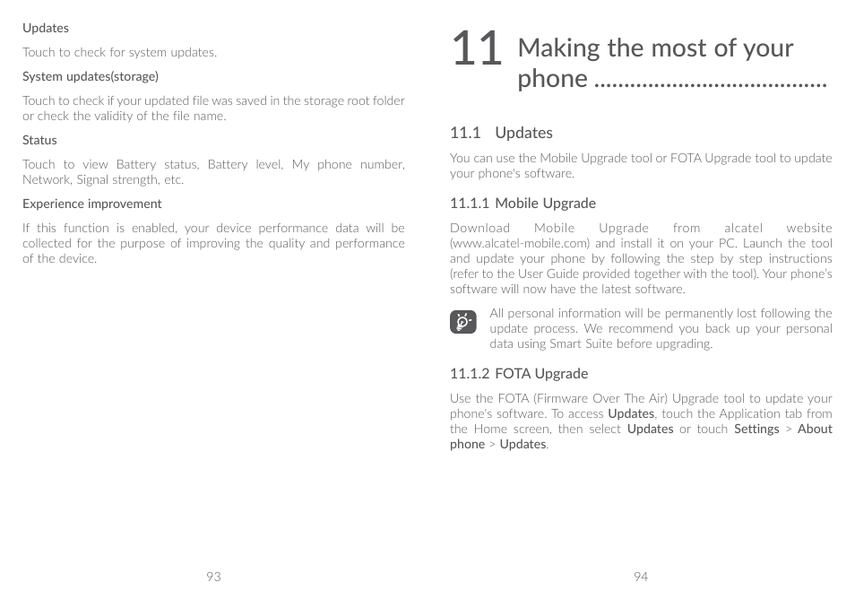 11 making the most of your phone, 1 updates, Making the most of your phone | Alcatel A5 LED 5085Y User Manual | Page 48 / 55