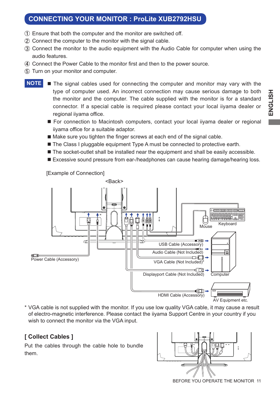 Connecting your monitor : prolite xub2792hsu | Iiyama xub2792hsu User Manual | Page 16 / 40