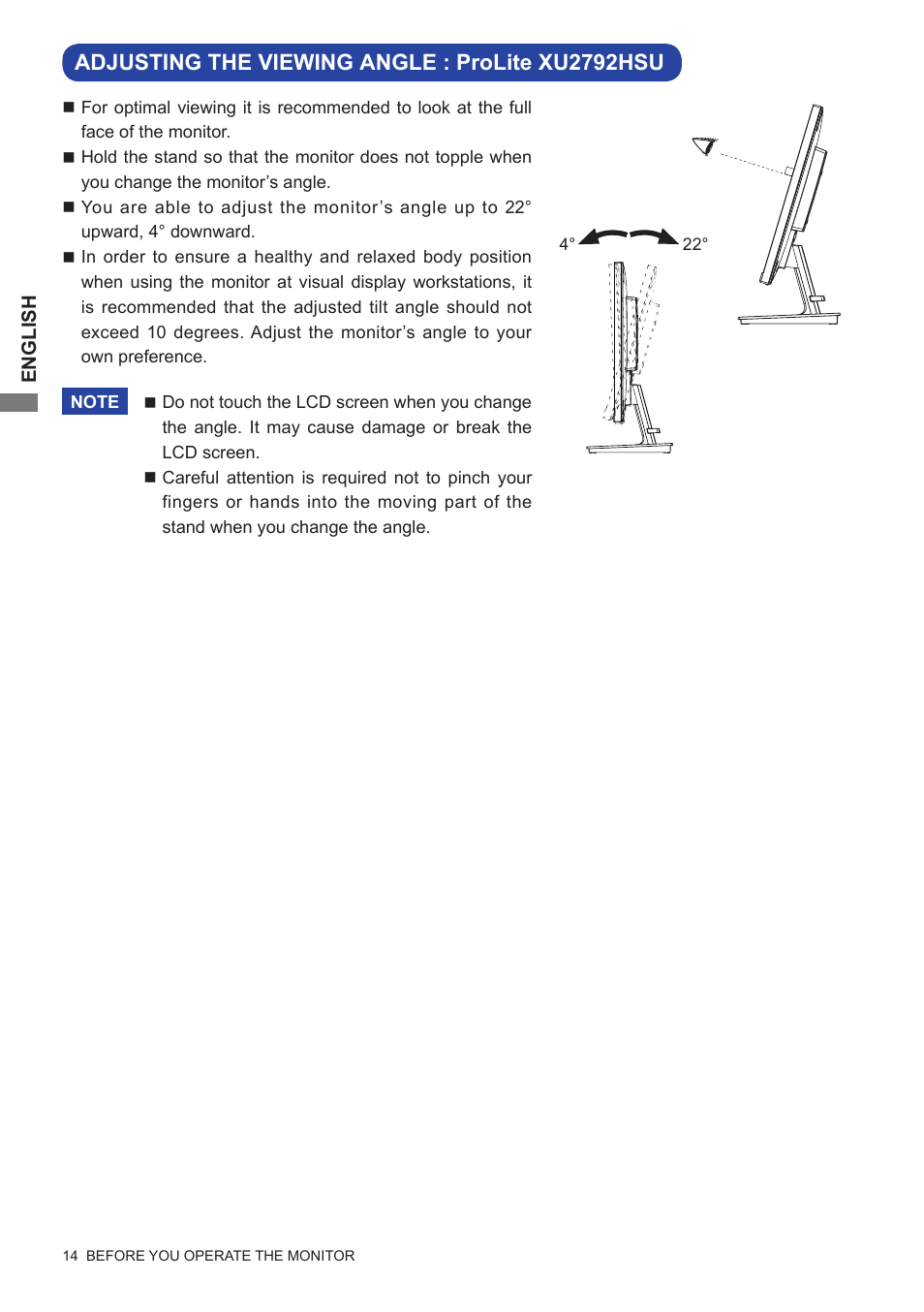 Adjusting the viewing angle : prolite xu2792hsu | Iiyama xub2792hsu User Manual | Page 19 / 40