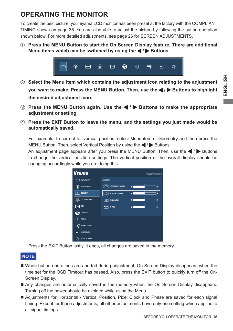 Operating the monitor, English | Iiyama xub2792hsu User Manual | Page 20 / 40