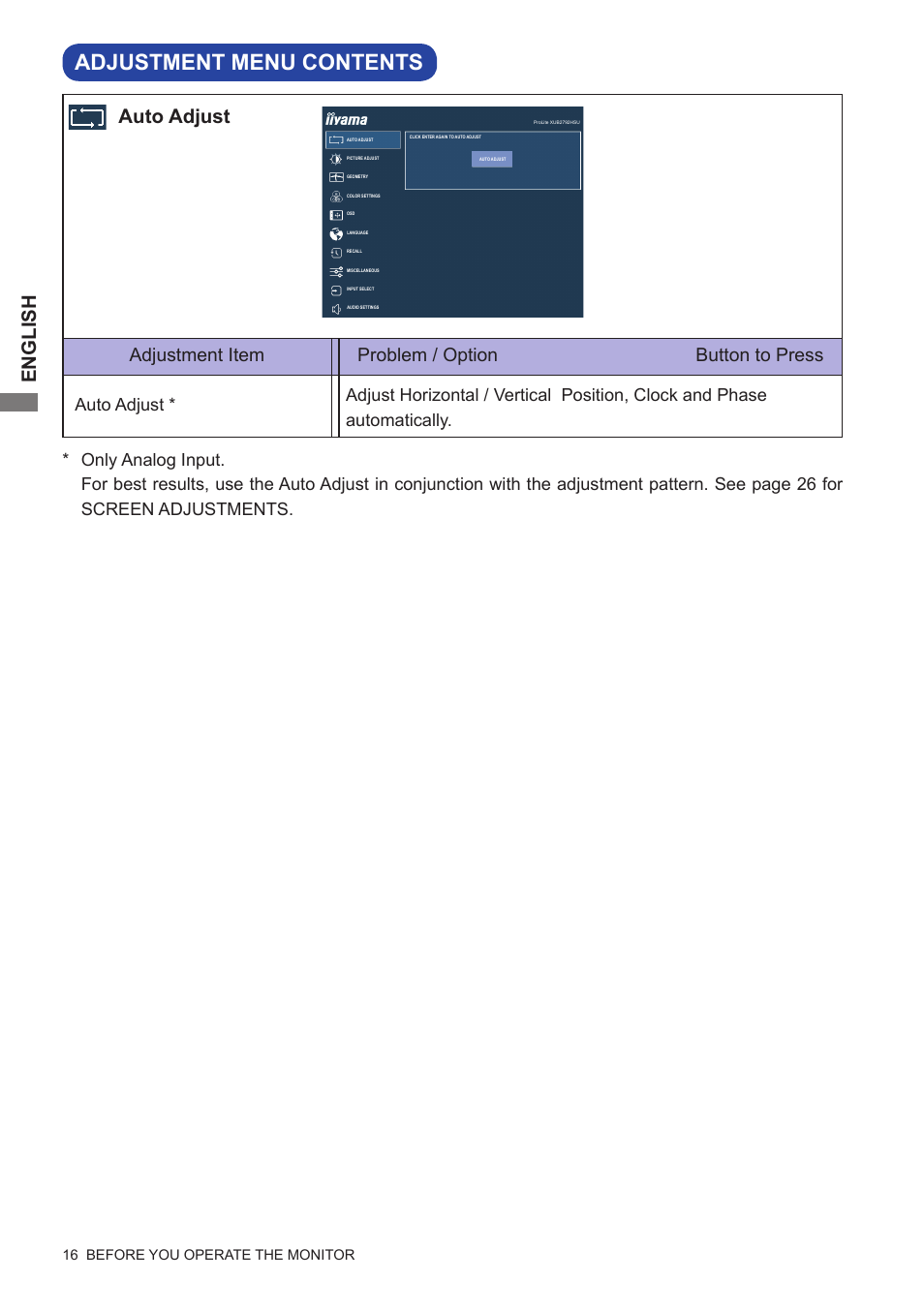 Adjustment menu contents, English, Auto adjust | Adjustment item problem / option button to press, 16 before you operate the monitor | Iiyama xub2792hsu User Manual | Page 21 / 40