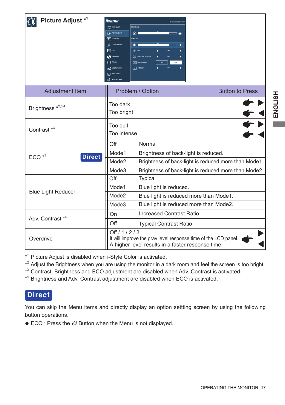 Direct, English, Picture adjust | Adjustment item problem / option button to press, Too dull too intense brightness, Contrast, Too dark too bright | Iiyama xub2792hsu User Manual | Page 22 / 40