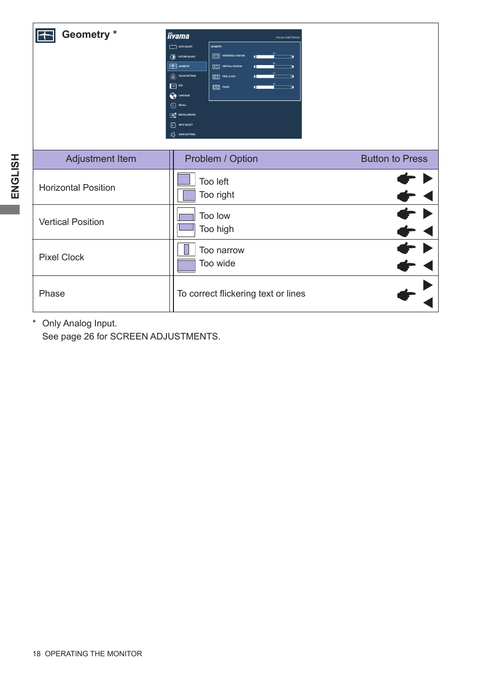 English, Geometry, Adjustment item problem / option button to press | Iiyama xub2792hsu User Manual | Page 23 / 40