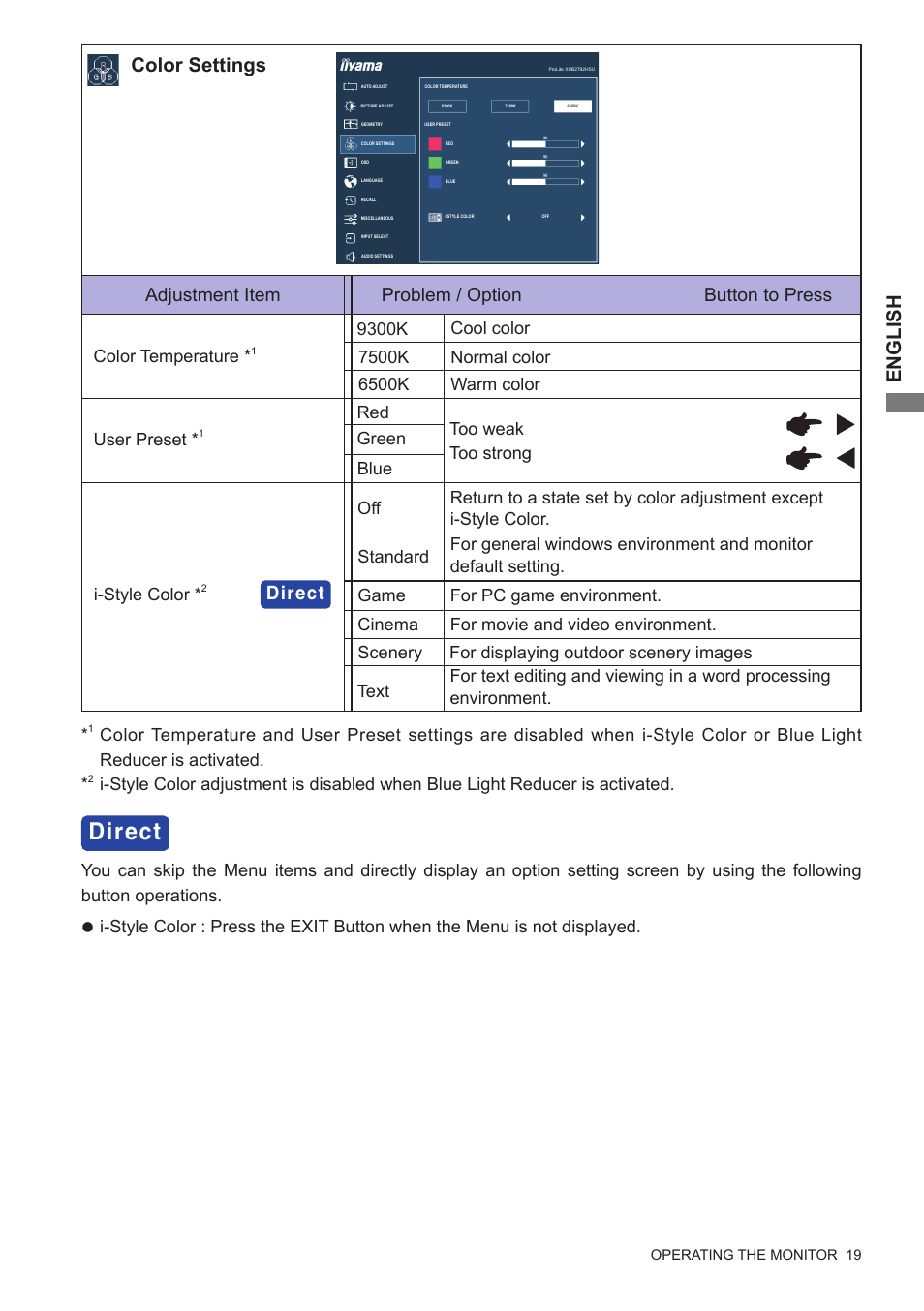 English, Color settings, Adjustment item problem / option button to press | Direct, I-style color, Normal color cool color warm color | Iiyama xub2792hsu User Manual | Page 24 / 40