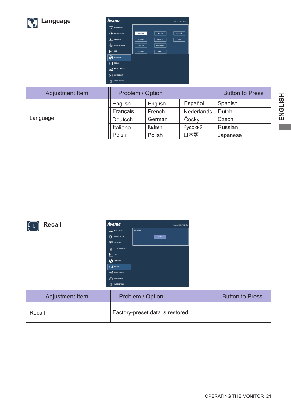 English, Language, Recall | Adjustment item problem / option button to press, Recall factory-preset data is restored | Iiyama xub2792hsu User Manual | Page 26 / 40