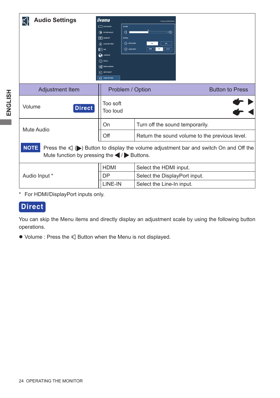 English, Audio settings, Adjustment item problem / option button to press | Direct, For hdmi/displayport inputs only, Select the displayport input. dp | Iiyama xub2792hsu User Manual | Page 29 / 40