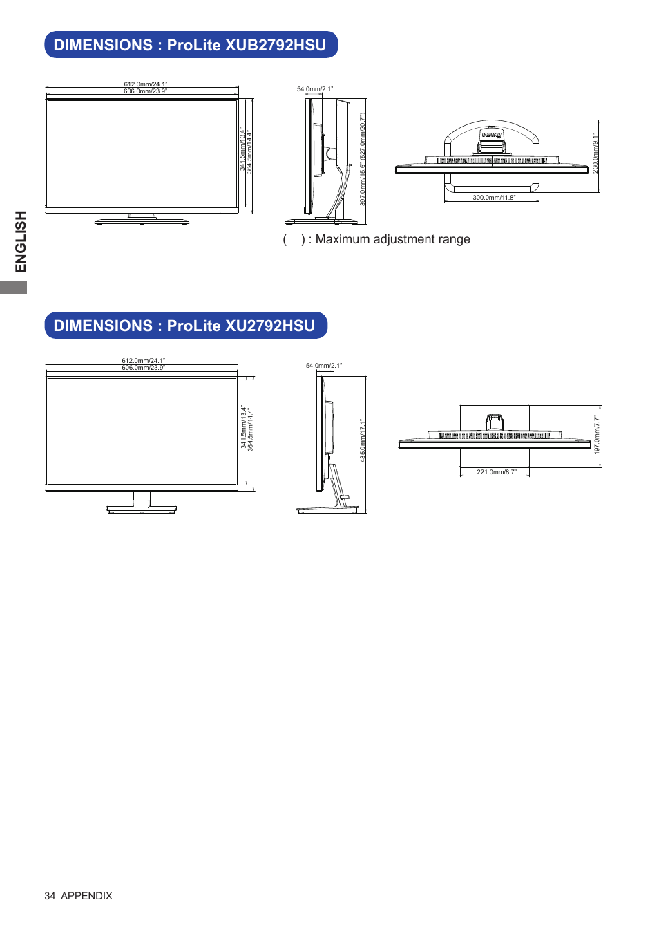 Dimensions : prolite xub2792hsu, Dimensions : prolite xu2792hsu, English | Maximum adjustment range | Iiyama xub2792hsu User Manual | Page 39 / 40