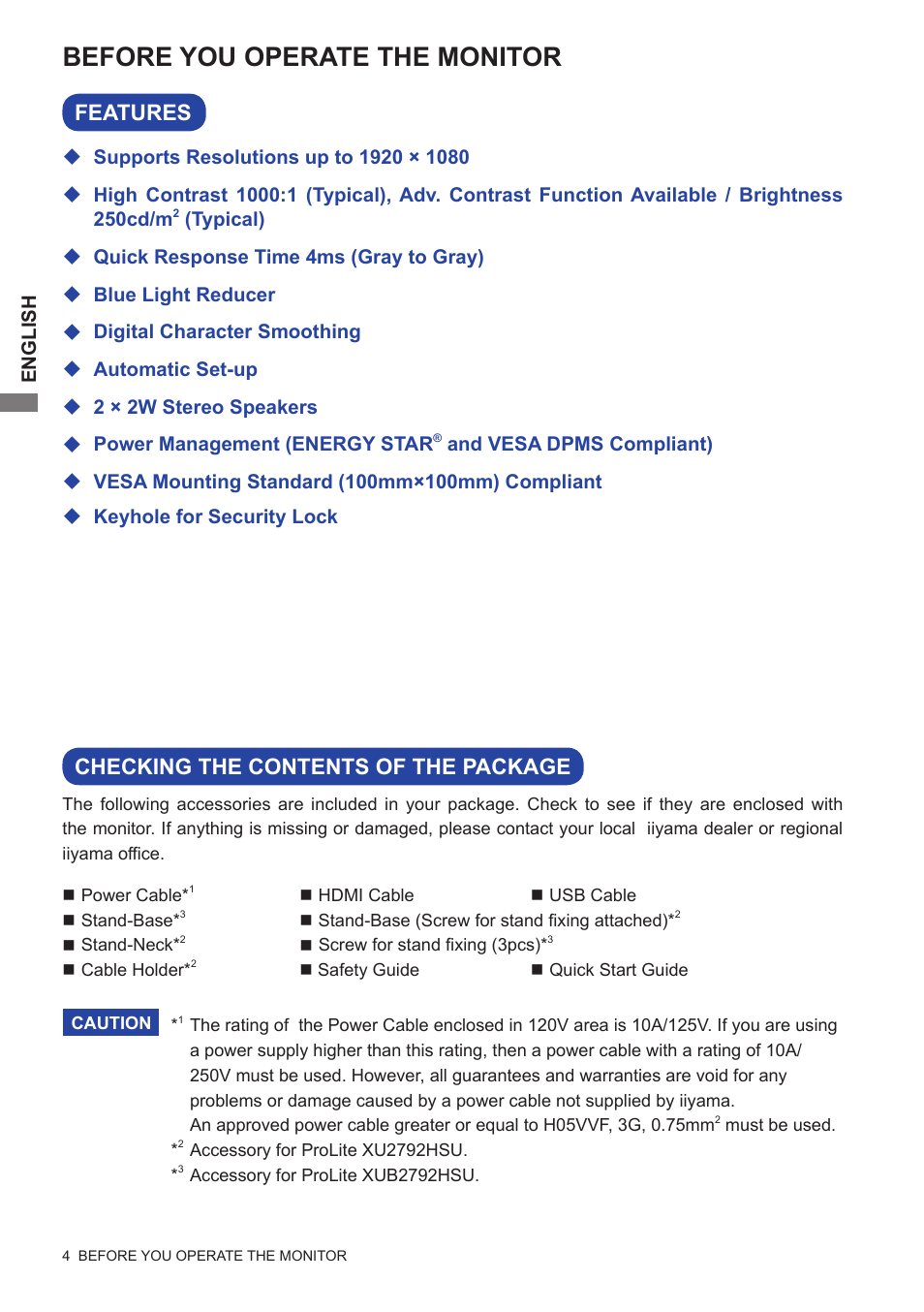 Before you operate the monitor, Checking the contents of the package, Features | Iiyama xub2792hsu User Manual | Page 9 / 40