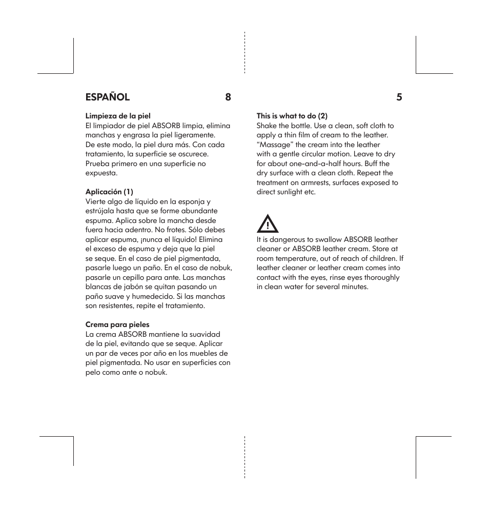 5 español 8 | IKEA ABSORB LEATHER CARE CLEANER User Manual | Page 5 / 6