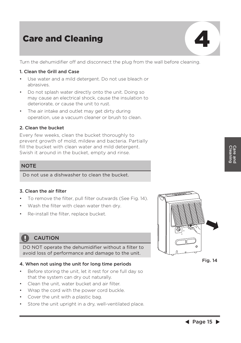 Care and cleaning | MIDEA Dehumidifier MDP User Manual | Page 15 / 20