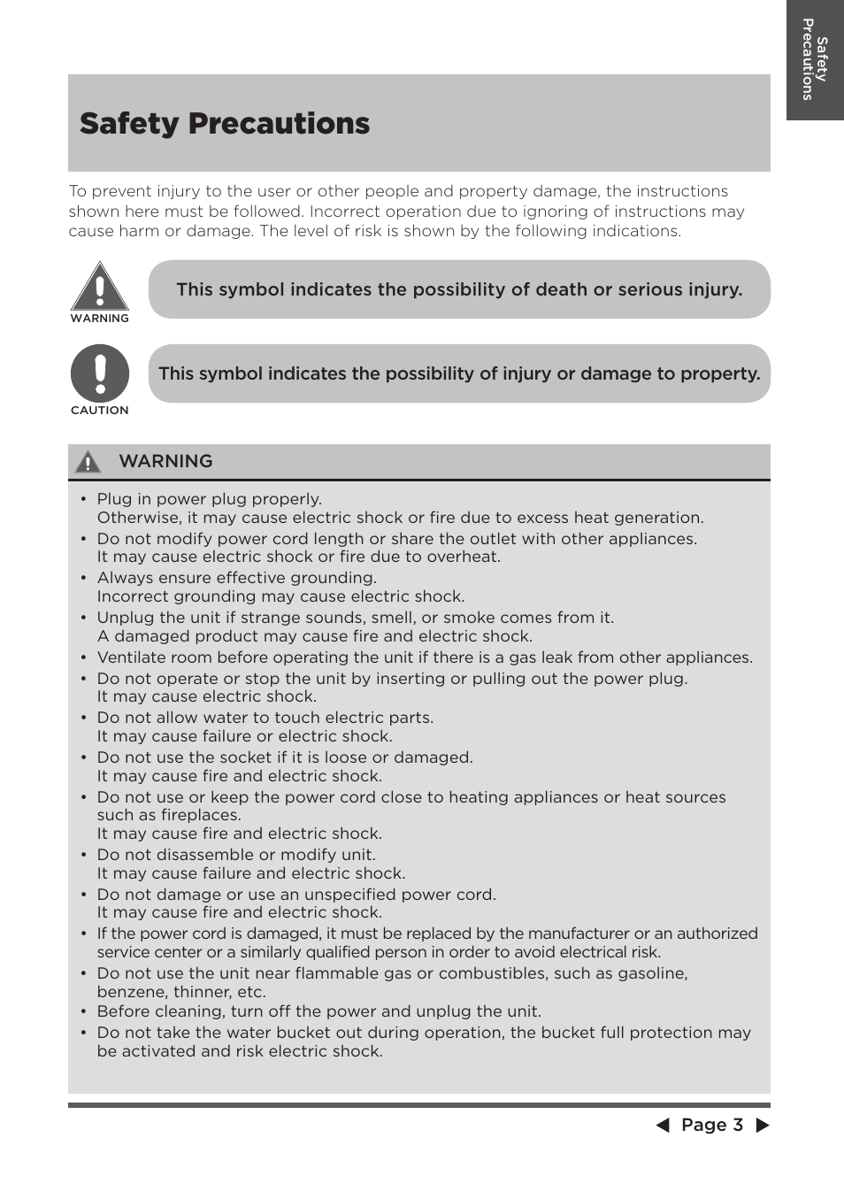 Safety precautions | MIDEA Dehumidifier MDP User Manual | Page 3 / 20