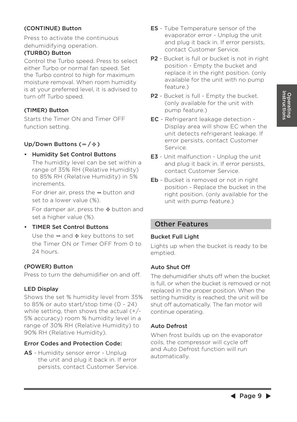 Other features | MIDEA Dehumidifier MDP User Manual | Page 9 / 20