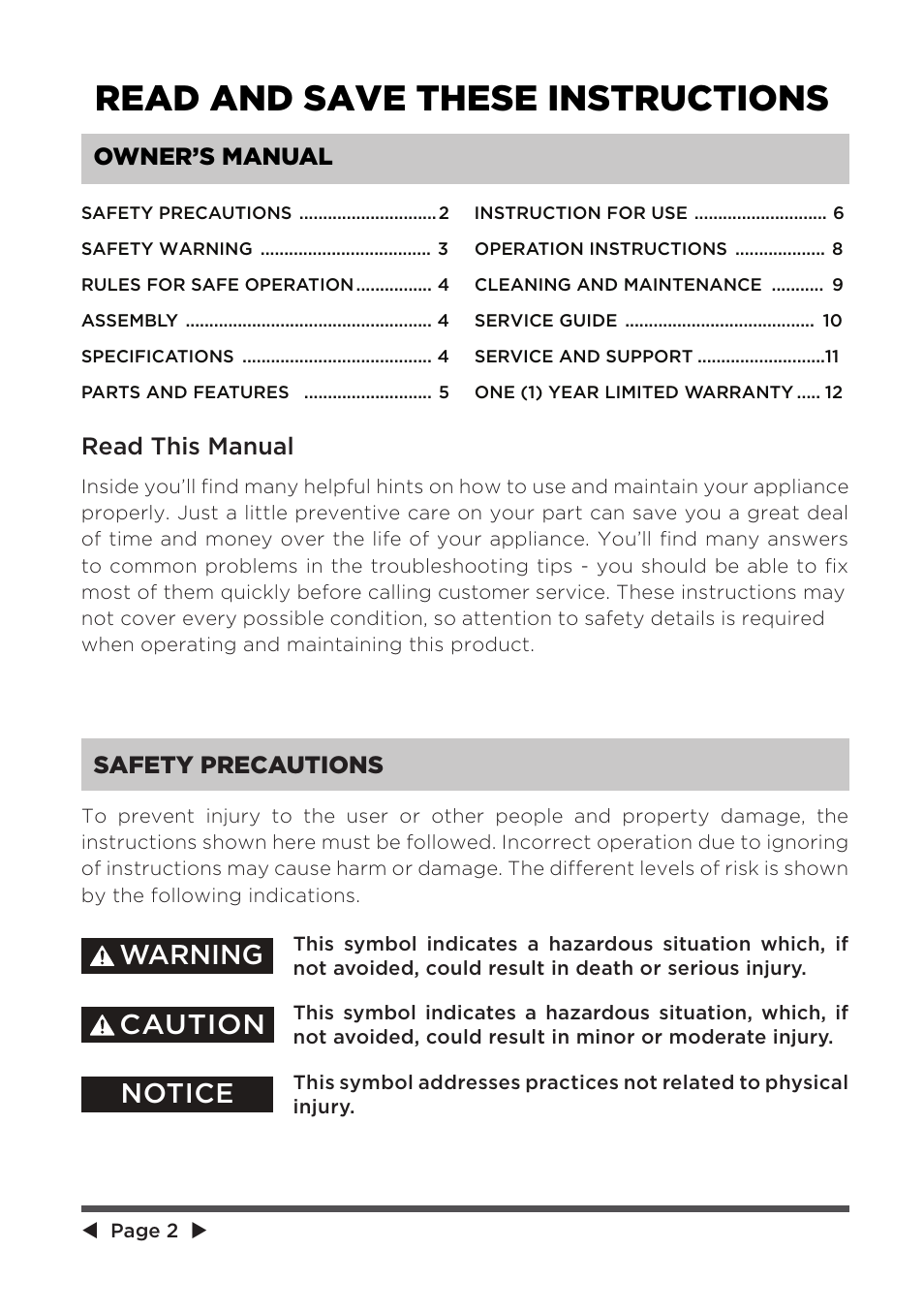 Read and save these instructions, Caution, Notice | Warning, Read this manual, Safety precautions owner’s manual | MIDEA Ultrasonic SCK-3Q60B User Manual | Page 2 / 13