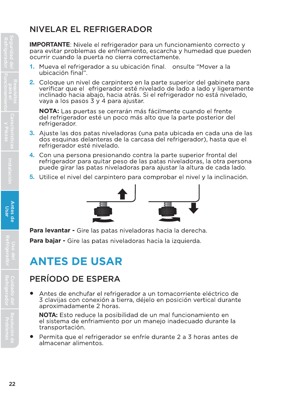 Antes de usar, Nivelar el refrigerador, Período de espera | MIDEA 26.3 Cu. Ft. Side-by-Side User Manual | Page 101 / 121