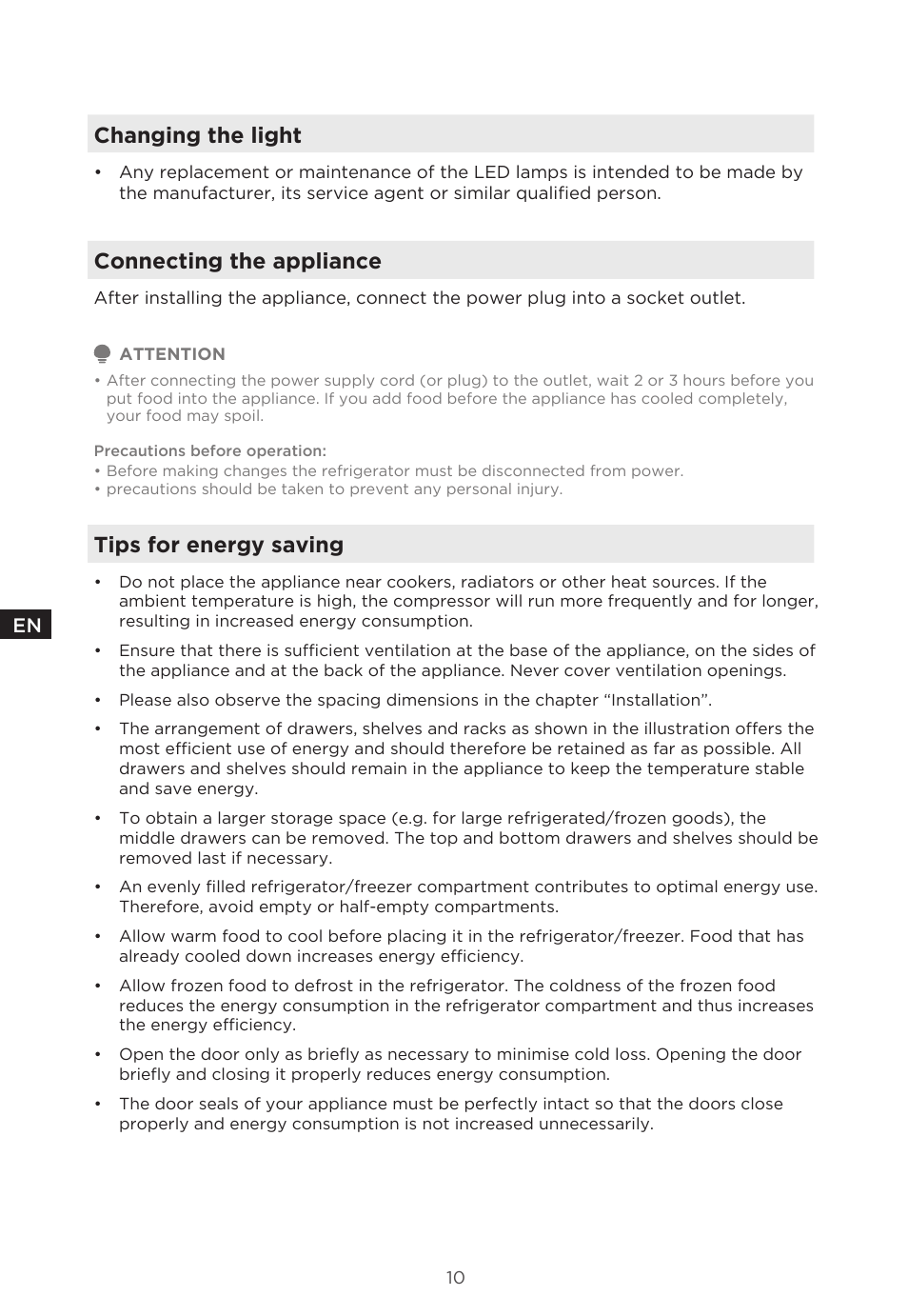 Changing the light, Connecting the appliance, Tips for energy saving | MIDEA 18 cu. ft. French Door User Manual | Page 10 / 56