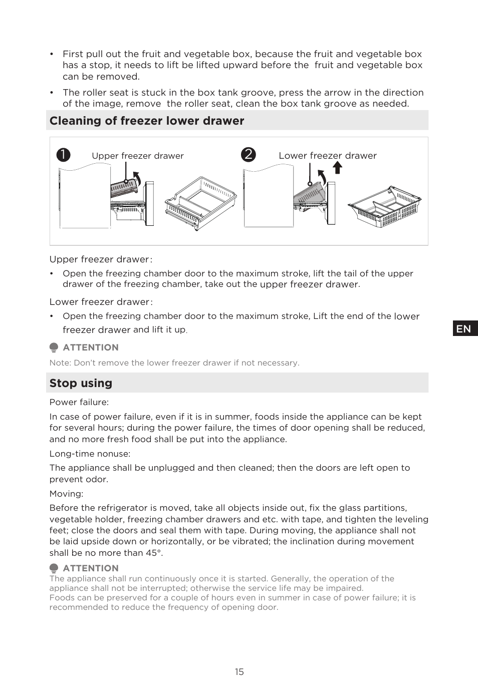 Cleaning of freezer lower drawer, Stop using | MIDEA 18 cu. ft. French Door User Manual | Page 15 / 56