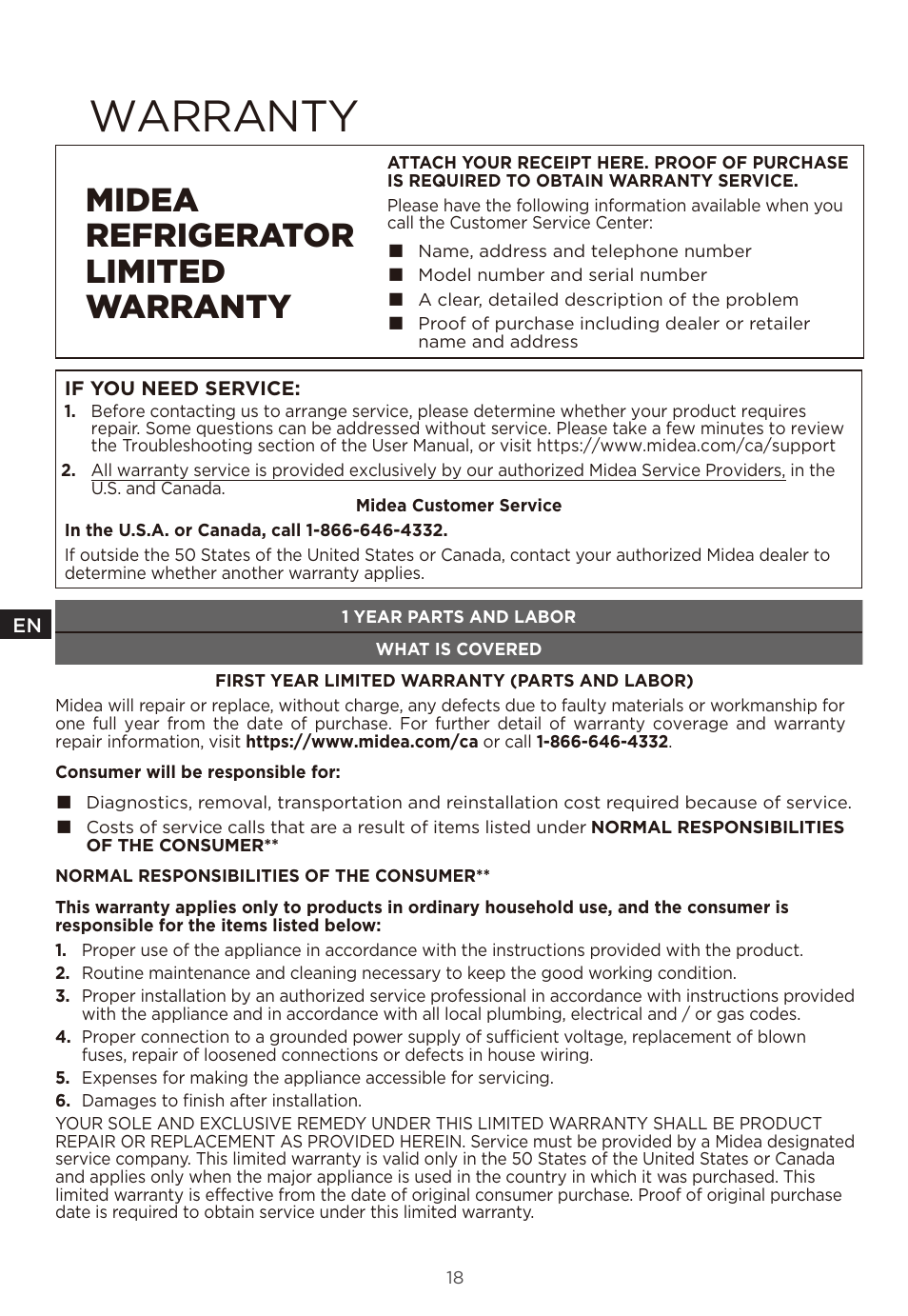 Warranty, Midea refrigerator limited warranty | MIDEA 18 cu. ft. French Door User Manual | Page 18 / 56