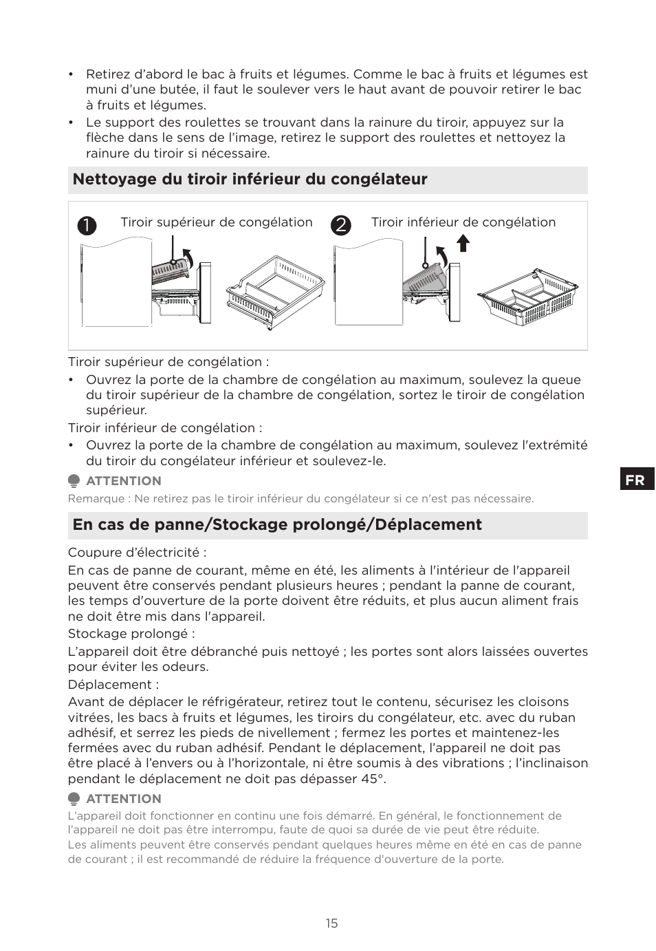 Nettoyage du tiroir inférieur du congélateur, En cas de panne/stockage prolongé/déplacement | MIDEA 18 cu. ft. French Door User Manual | Page 33 / 56