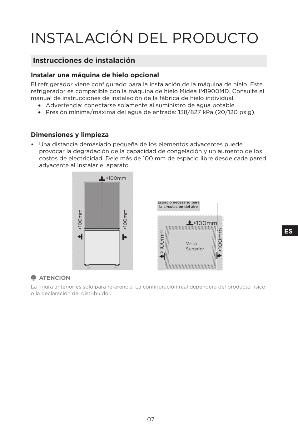 Instalación del producto, Instrucciones de instalación | MIDEA 18 cu. ft. French Door User Manual | Page 43 / 56