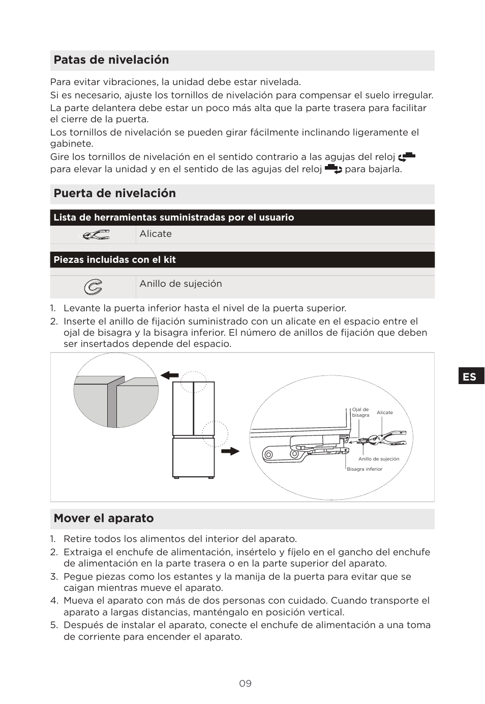Patas de nivelación, Puerta de nivelación, Mover el aparato | MIDEA 18 cu. ft. French Door User Manual | Page 45 / 56