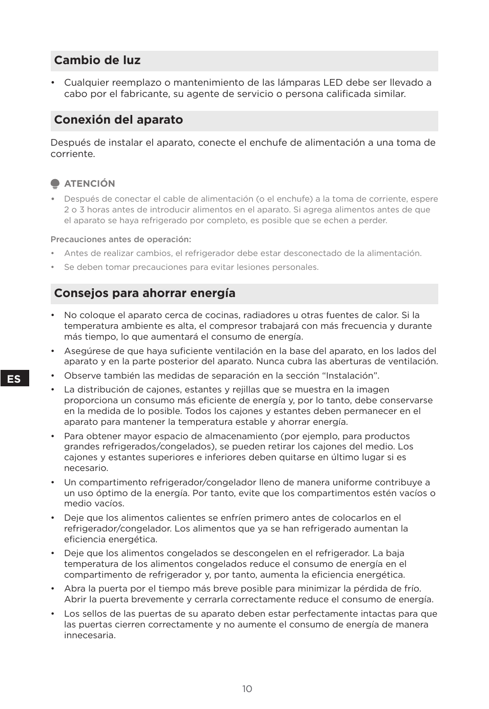 Cambio de luz, Conexión del aparato, Consejos para ahorrar energía | MIDEA 18 cu. ft. French Door User Manual | Page 46 / 56