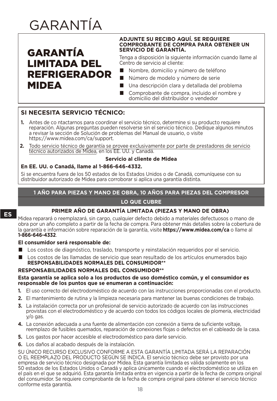 Garantía, Garantía limitada del refrigerador midea | MIDEA 18 cu. ft. French Door User Manual | Page 54 / 56