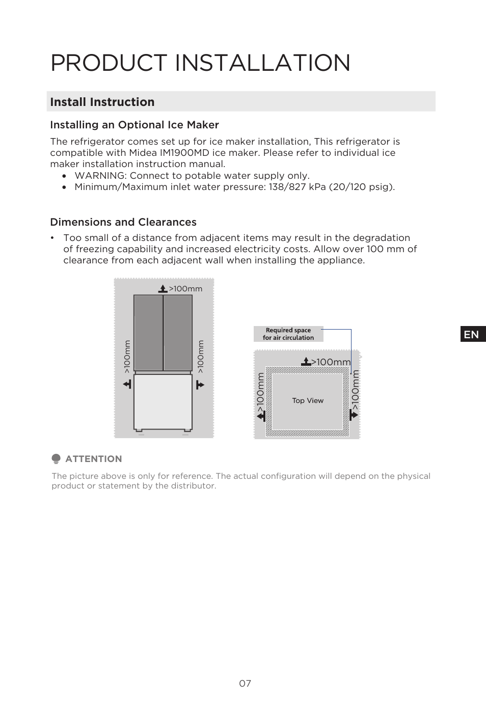 Product installation, Install instruction | MIDEA 18 cu. ft. French Door User Manual | Page 7 / 56