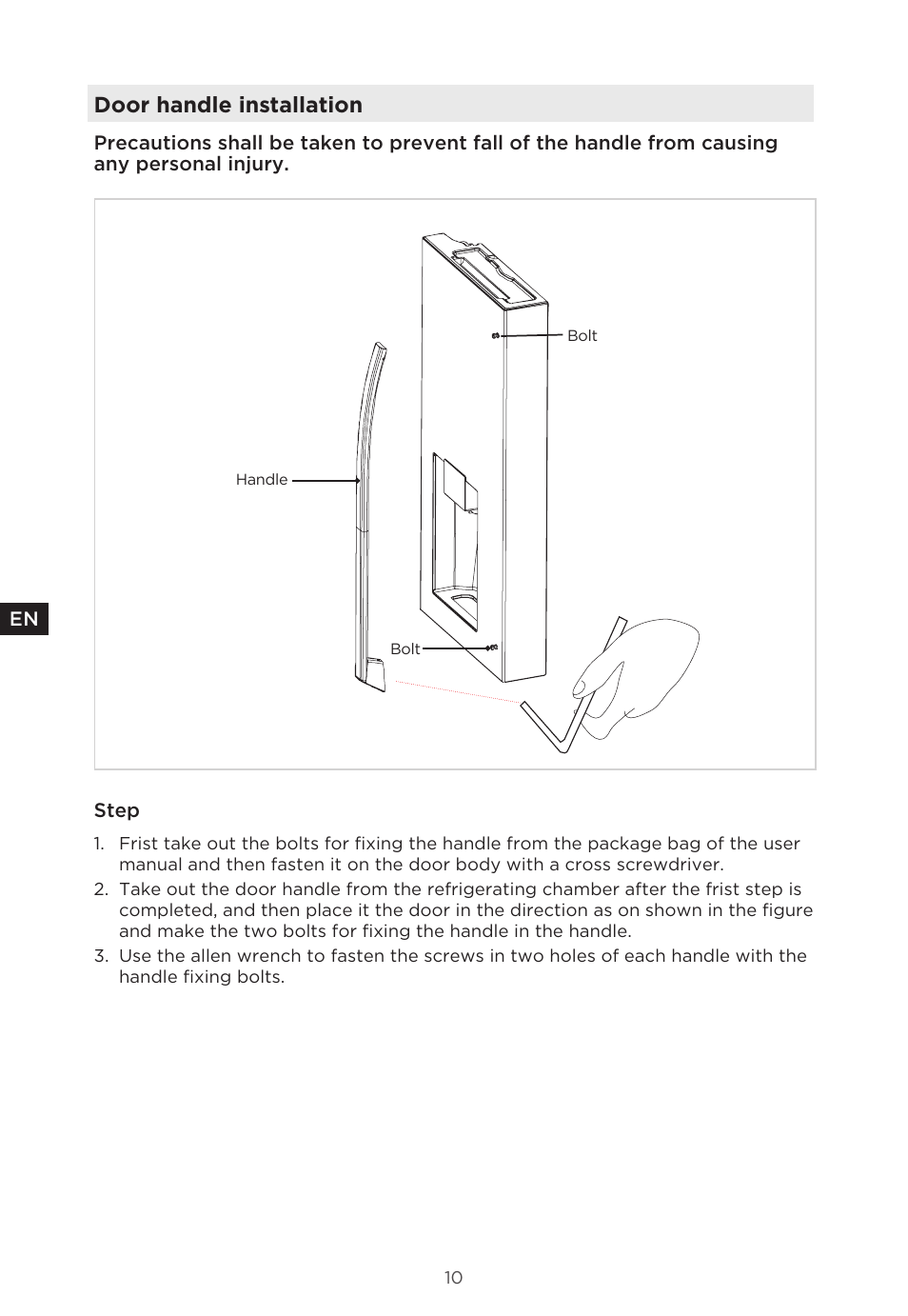 Door handle installation | MIDEA 29.3 cu. ft. French Door Bottom Freezer User Manual | Page 10 / 88