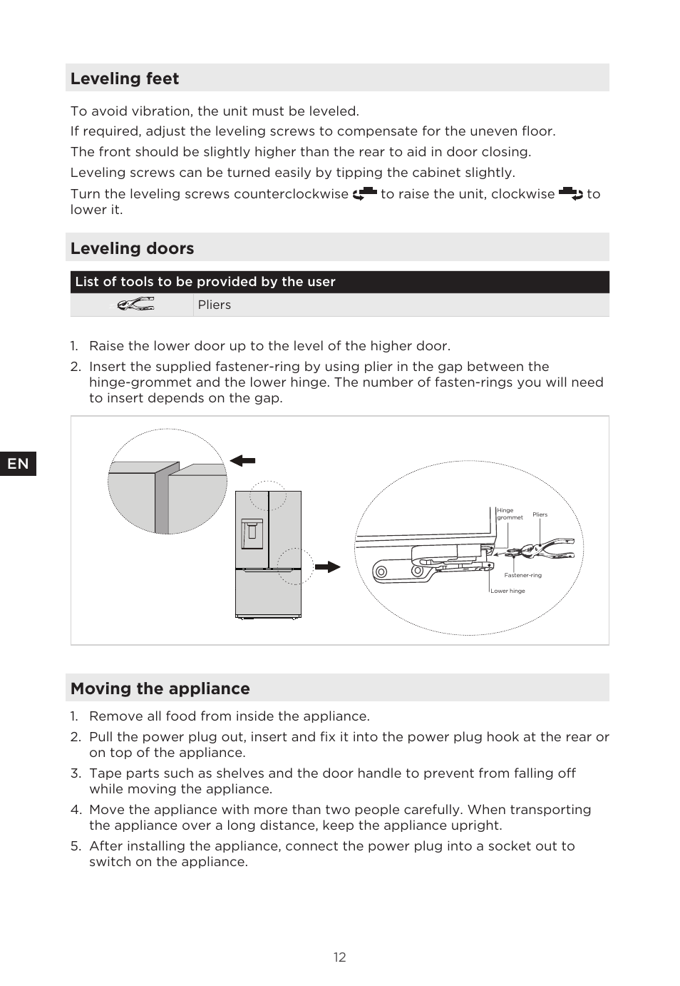 Leveling feet, Leveling doors, Moving the appliance | MIDEA 29.3 cu. ft. French Door Bottom Freezer User Manual | Page 12 / 88