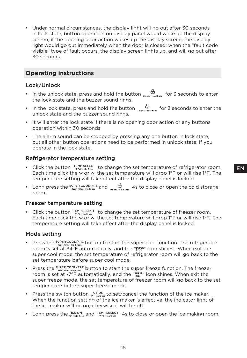 Operating instructions | MIDEA 29.3 cu. ft. French Door Bottom Freezer User Manual | Page 15 / 88