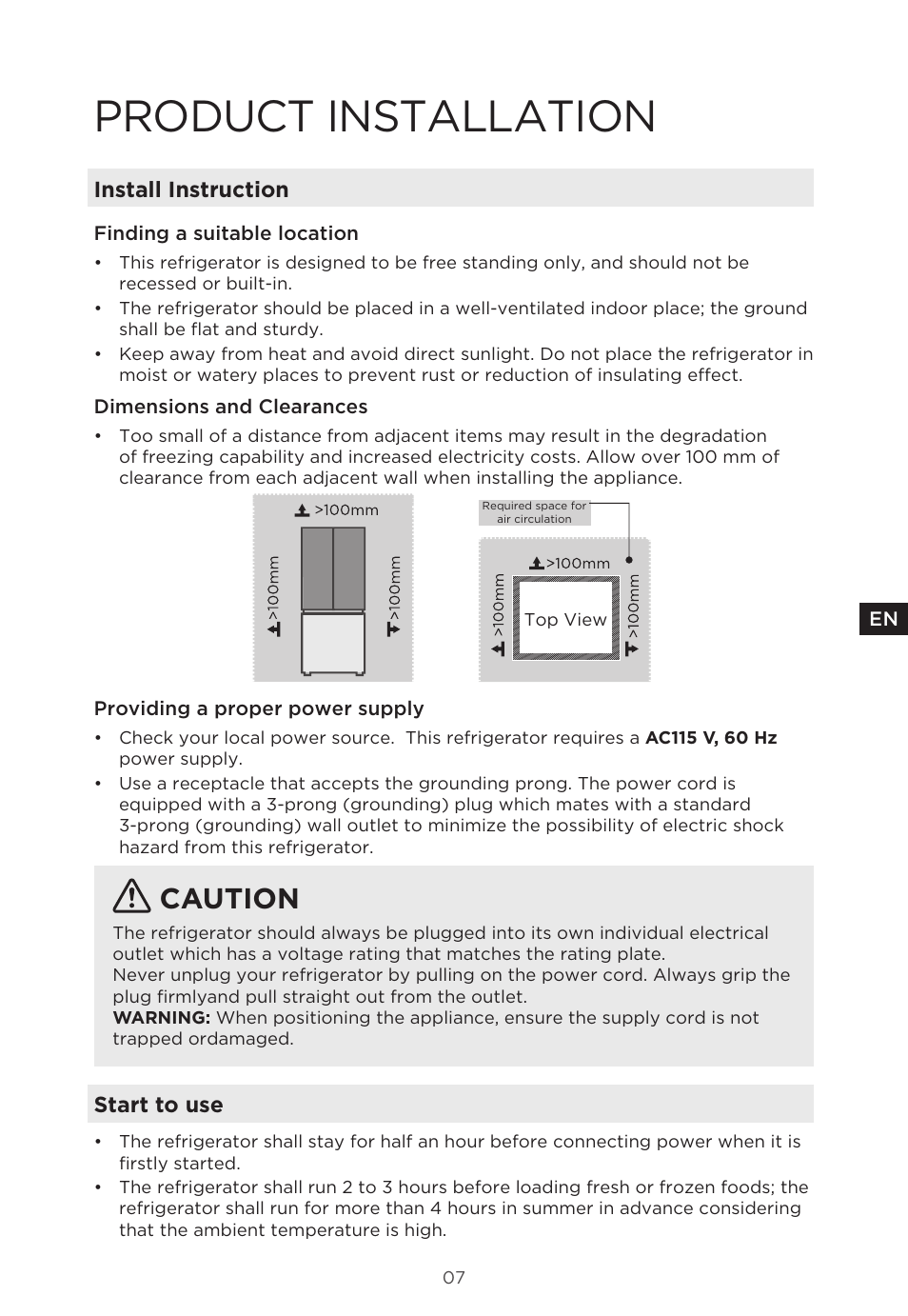 Product installation, Caution, Install instruction | Start to use | MIDEA 29.3 cu. ft. French Door Bottom Freezer User Manual | Page 7 / 88