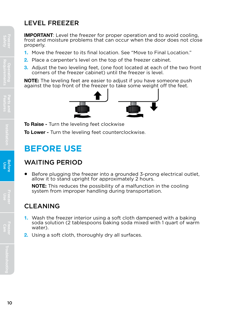 Level freezer, Before use, Waiting period cleaning | Waiting period, Cleaning | MIDEA 17.0 Cu. Ft. Upright Convertible User Manual | Page 10 / 72