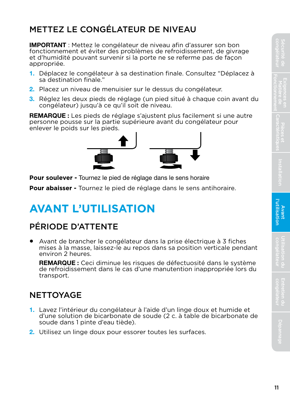 Mettez le congélateur de niveau, Avant l’utilisation, Période d’attente nettoyage | Période d’attente, Nettoyage | MIDEA 17.0 Cu. Ft. Upright Convertible User Manual | Page 33 / 72