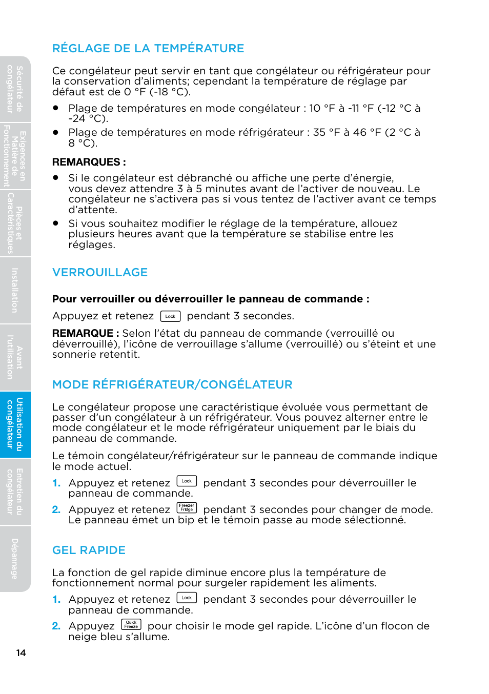 Réglage de la température, Verrouillage, Mode réfrigérateur/congélateur | Gel rapide | MIDEA 17.0 Cu. Ft. Upright Convertible User Manual | Page 36 / 72