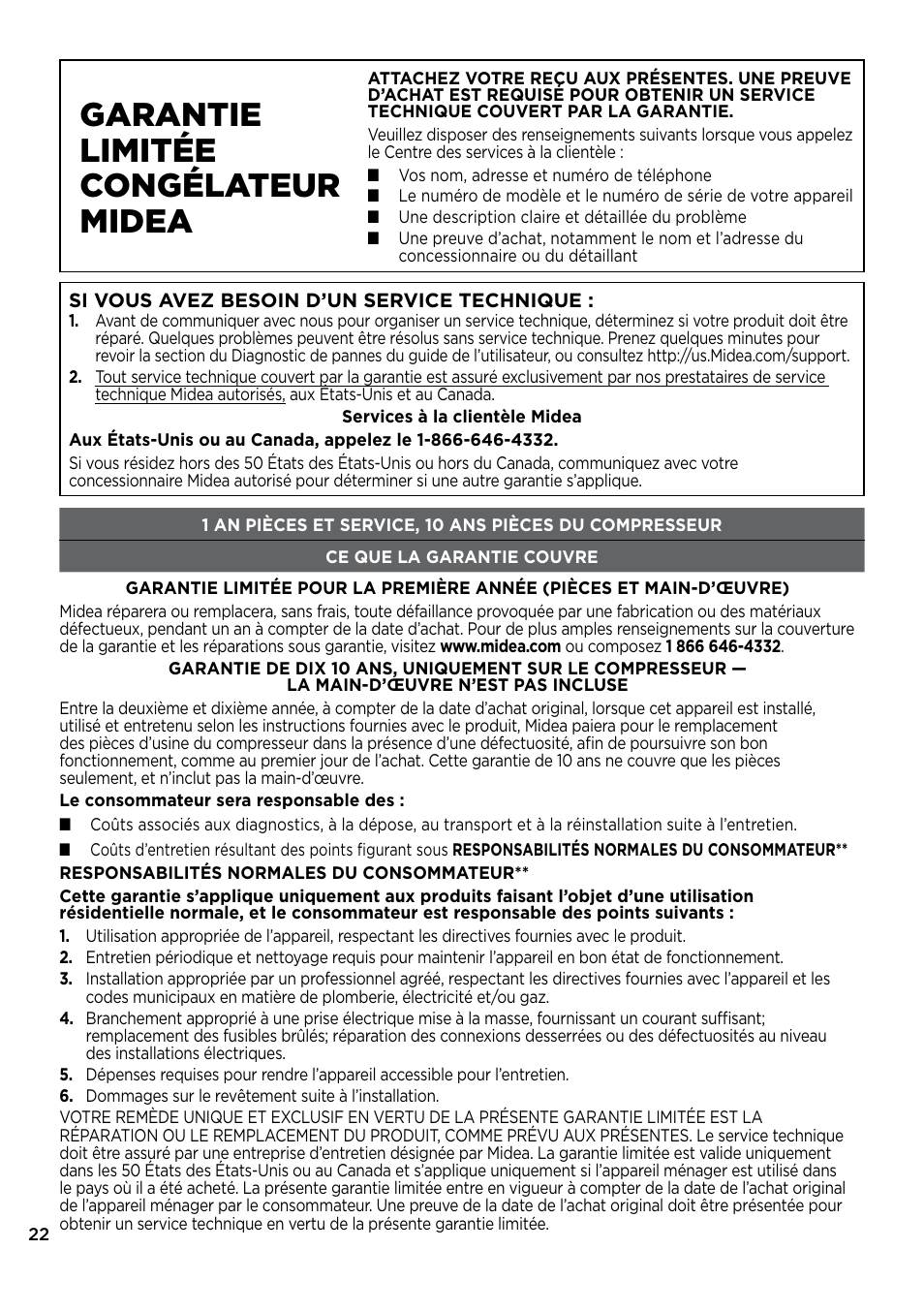 Garantie limitée congélateur midea | MIDEA 17.0 Cu. Ft. Upright Convertible User Manual | Page 44 / 72