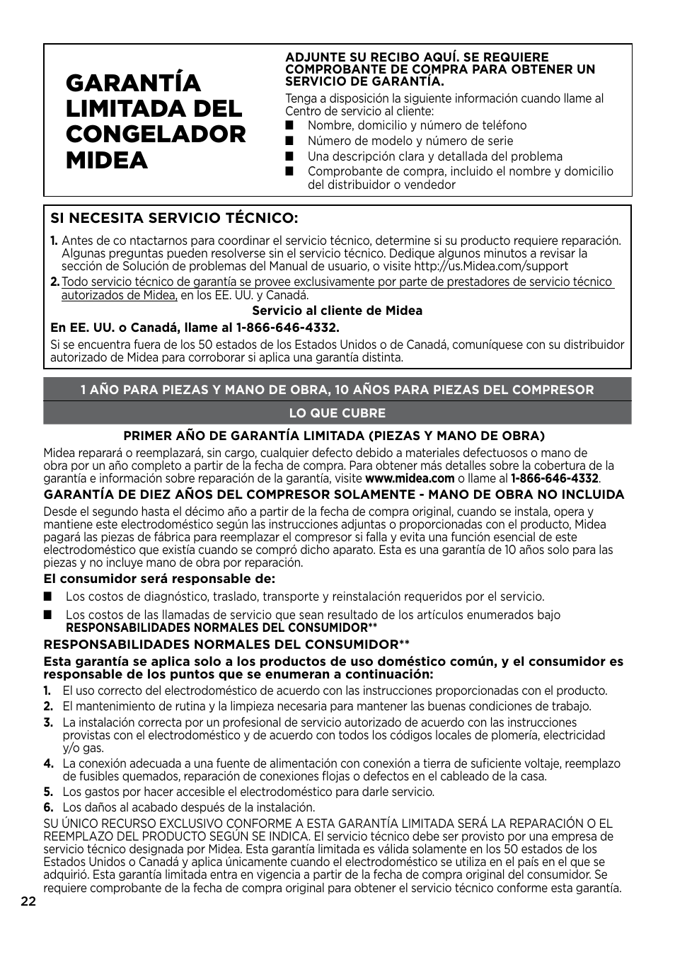 Garantía limitada del congelador midea | MIDEA 17.0 Cu. Ft. Upright Convertible User Manual | Page 68 / 72