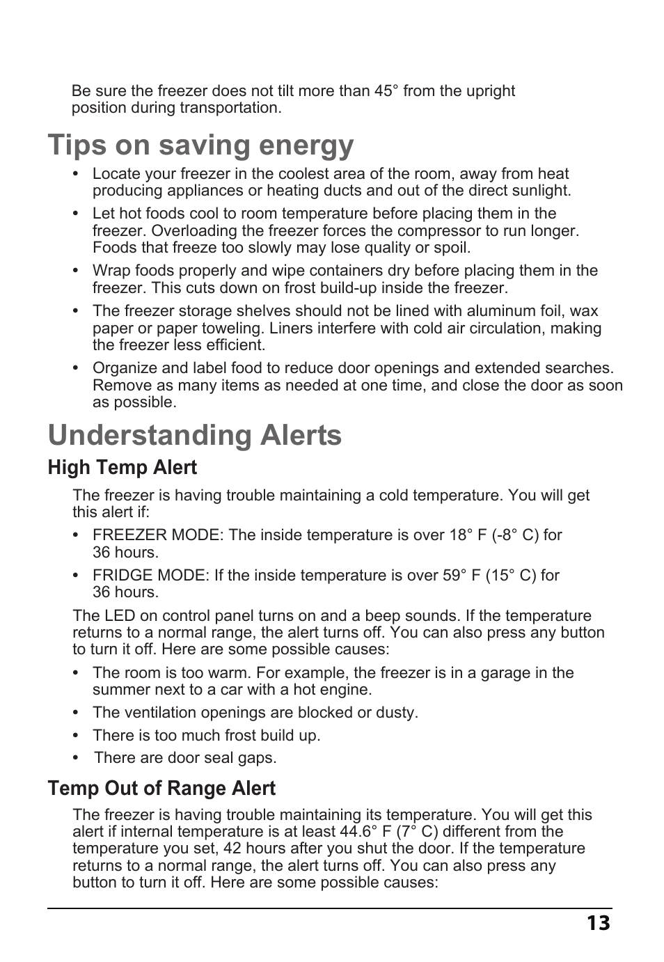 Understanding alerts tips on saving energy, High temp alert, Temp out of range alert | MIDEA 14 Cu. Ft. Convertible User Manual | Page 13 / 19