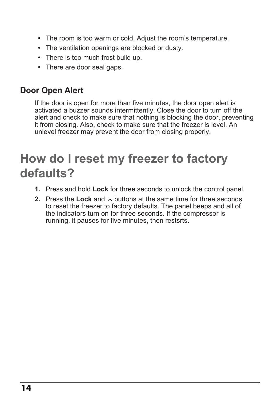 How do i reset my freezer to factory defaults, Door open alert | MIDEA 14 Cu. Ft. Convertible User Manual | Page 14 / 19