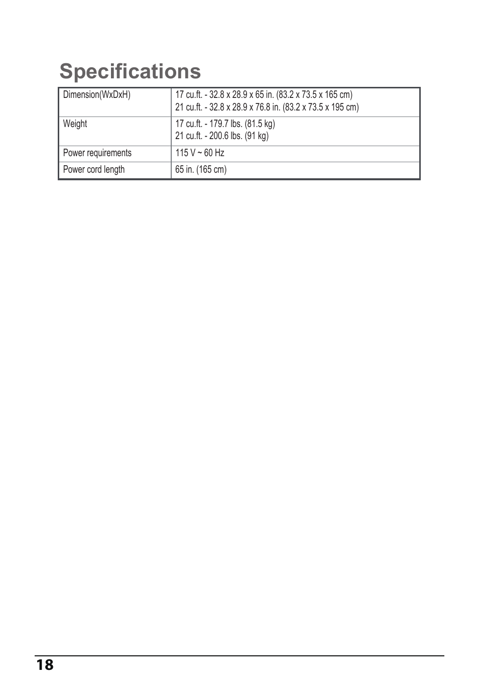 Specifications | MIDEA 14 Cu. Ft. Convertible User Manual | Page 18 / 19