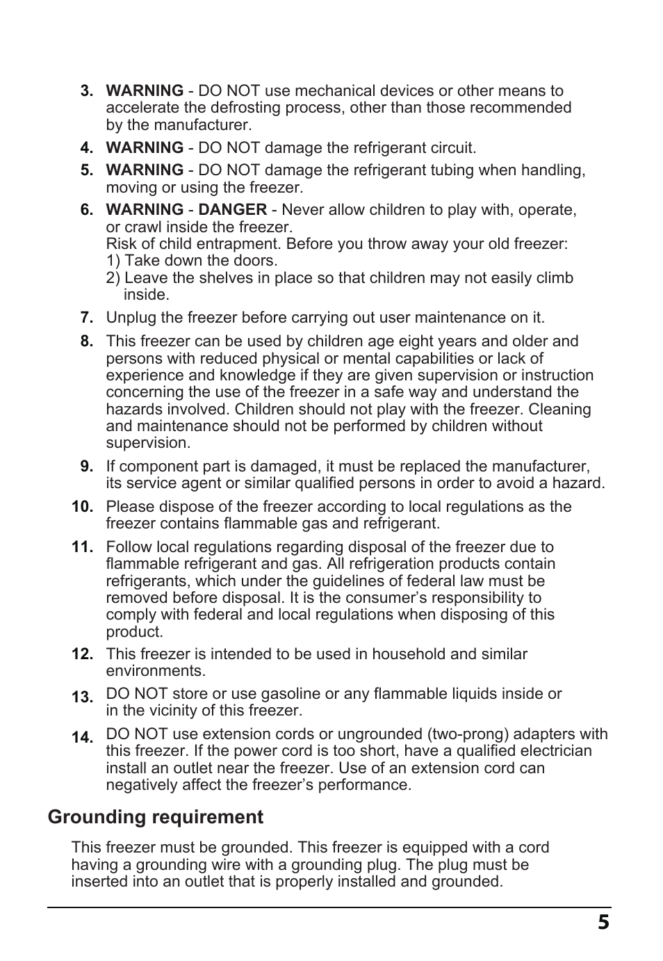Grounding requirement | MIDEA 14 Cu. Ft. Convertible User Manual | Page 5 / 19